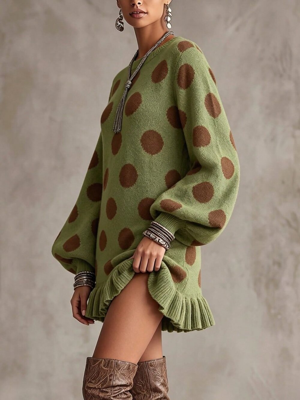 Green Casual Women's Polka-Dot Loose Fit Long Pullover Sweater dress - Picture 8 of 8